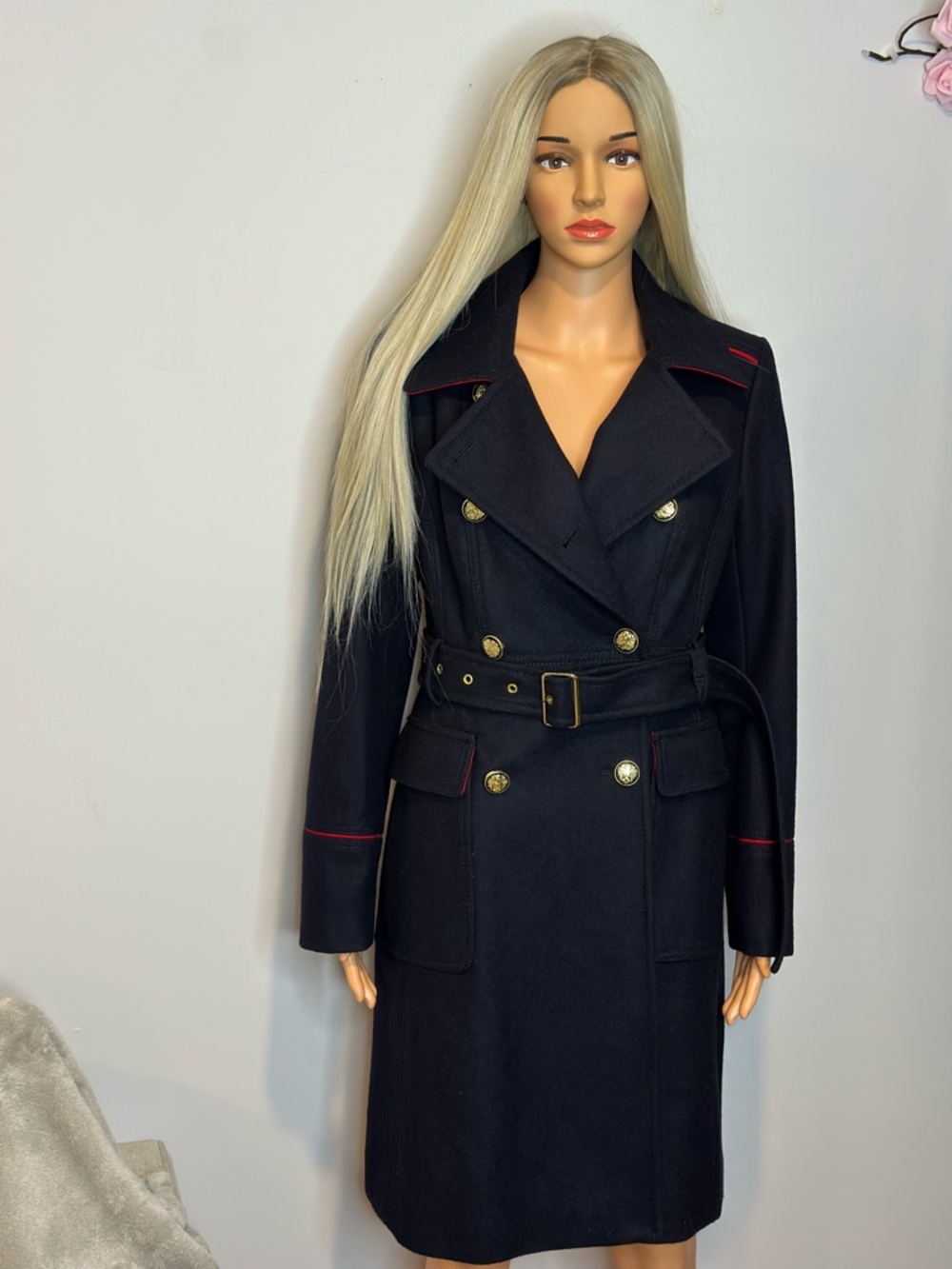 Vince Camuto Wool Navy Double-Breasted Trench Coat with Red Trim Sz S like new - Picture 5 of 12